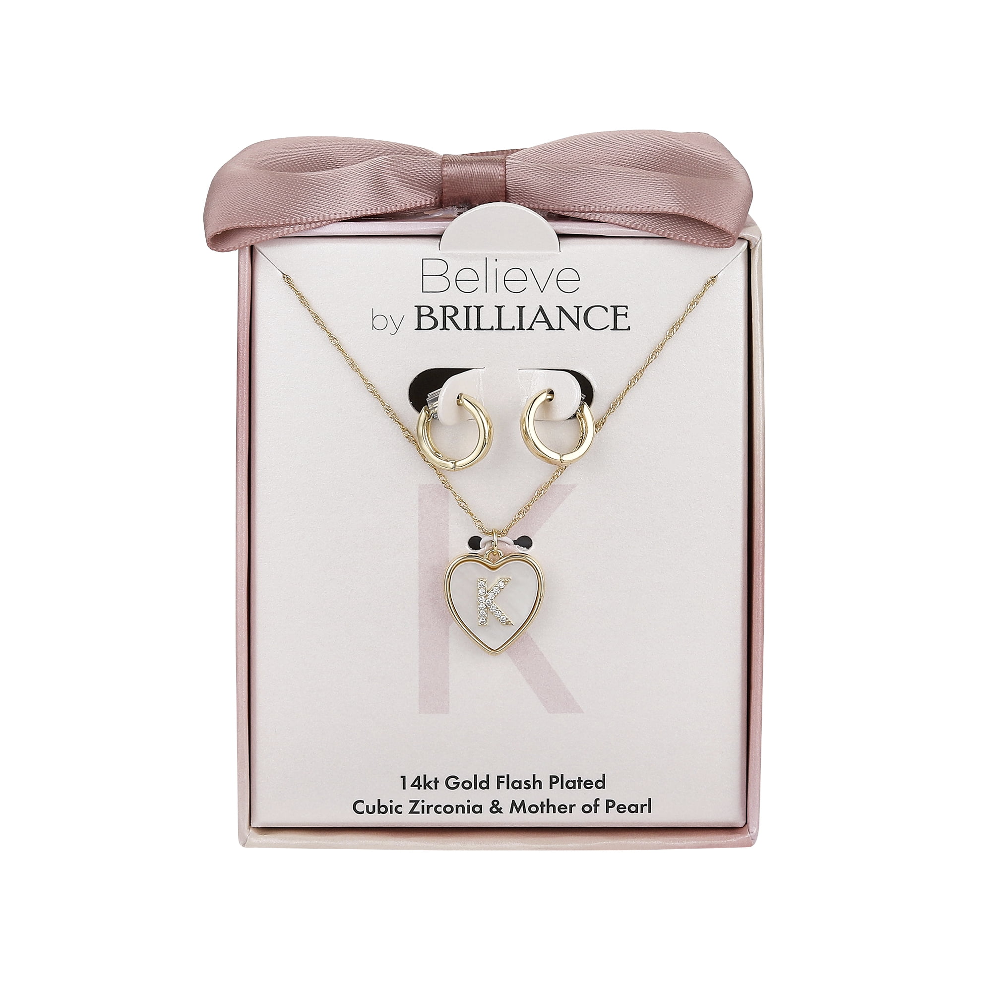 Believe by Brilliance Women's 14Kt Gold Flash Plated Mother of Pearl Heart Initial "K" Pendant Necklace and Hopp Earring Set, 18+2" Extender