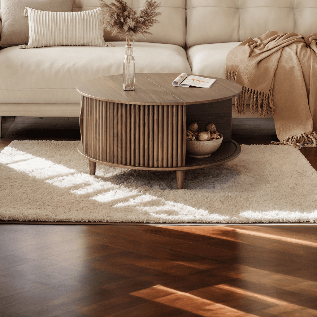 JOINICE Round Coffee Table with Storage and Sliding Door,Mid Century Modern Wooden Center Table,for Living Room,Walnut