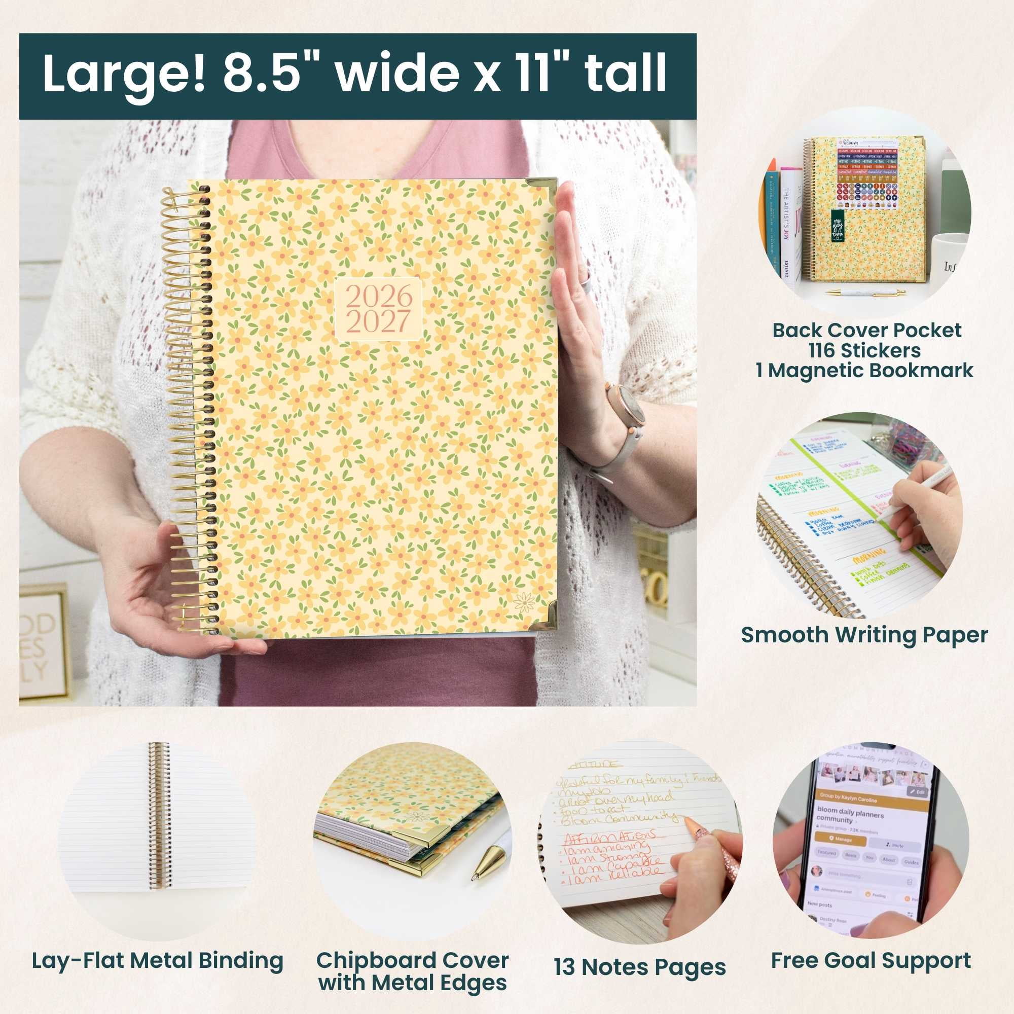 bloom daily planners 2026-2027 Academic Planner, 13-Month Monthly & Weekly Hard Cover, 8.5" x 11", Butter Yellow Daisies