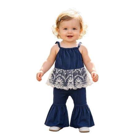 GobdXE Toddler Girl 2-Piece Denim Outfit, Halter Lace Top & Flare Pants Set for Baby Girls Color:Blue,Size:12-18 Months