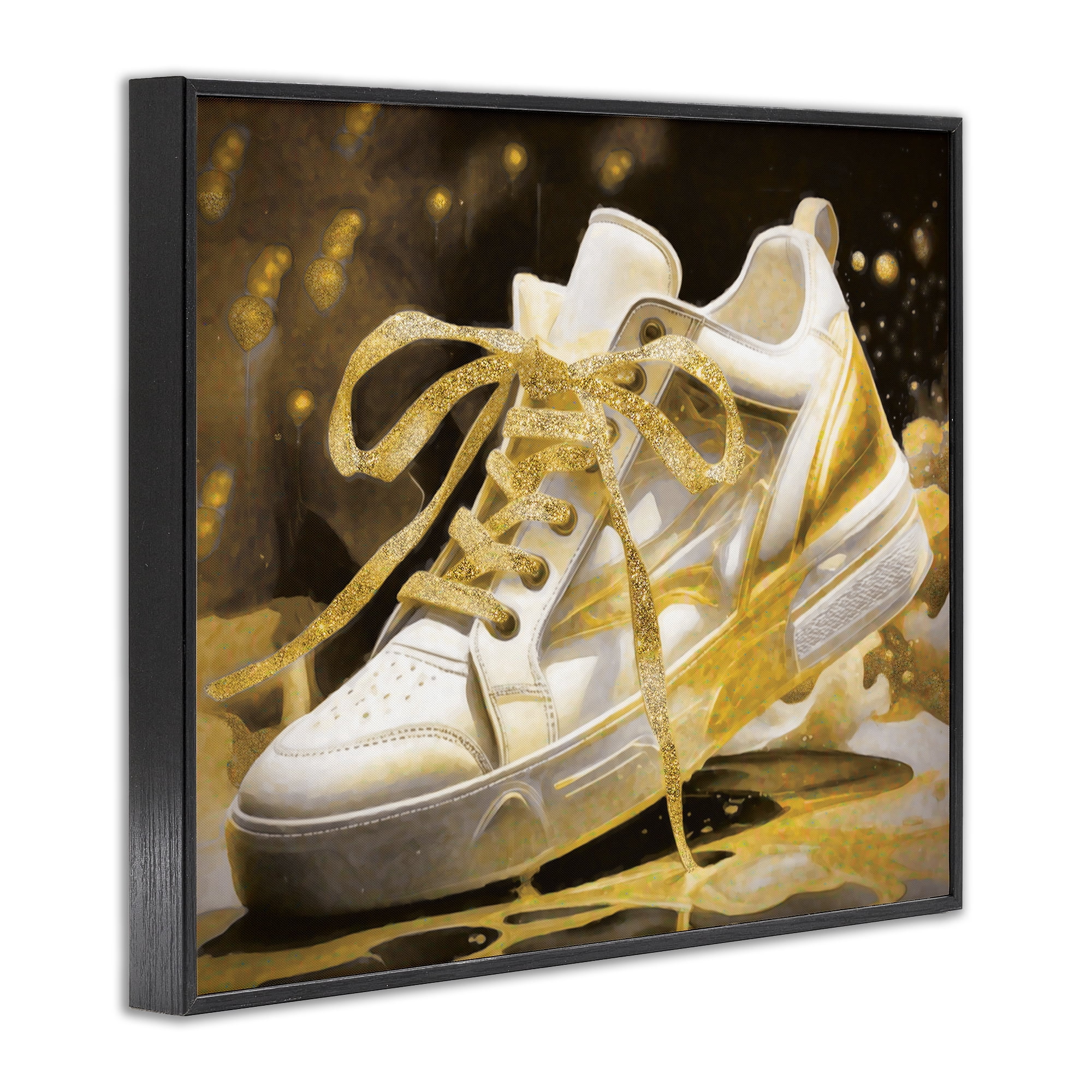 Stupell Industries Splashy Gold Sneaker Black Framed Giclee Art, design by Grotto Studios