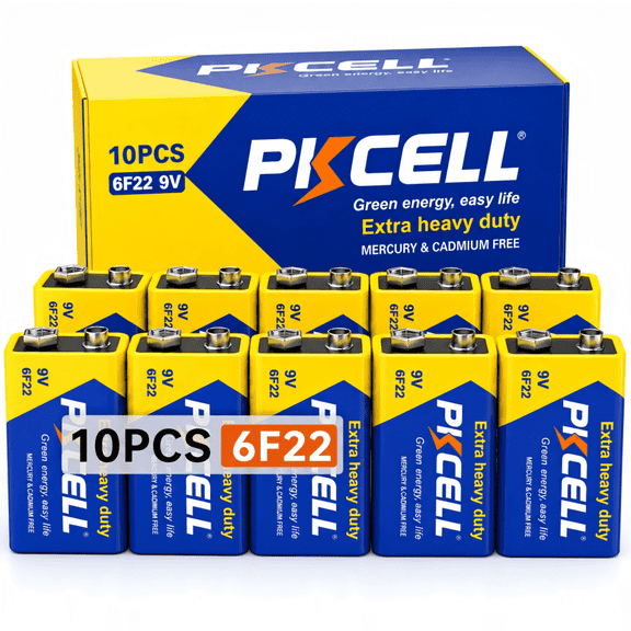PKCELL Carbon Zinc 9V Batteries 10-Pack, Ultra Long-Lasting 9 Volt Carbon Zinc Batteries Perfect for Smoke Detectors