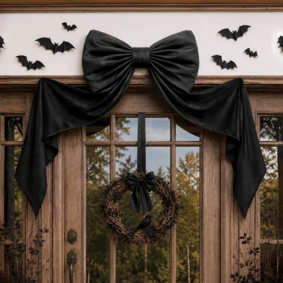 Giant Black Bow Halloween Decoration 94 Inch, Large Satin Ribbon Bow Drapery, Spooky Cute Porch Door Swag for Halloween Wreath Tree, Halloween Gift