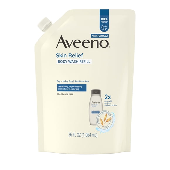 Aveeno Skin Relief Body Wash, Fragrance Free, Refill, 36 Fl. Oz