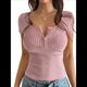 thumbnail image 1 of Camisetas de Verano de Corta con Cuello en V para Mujer, Blusa Informal de Punto Henley con Botones Rosa M, 1 of 8