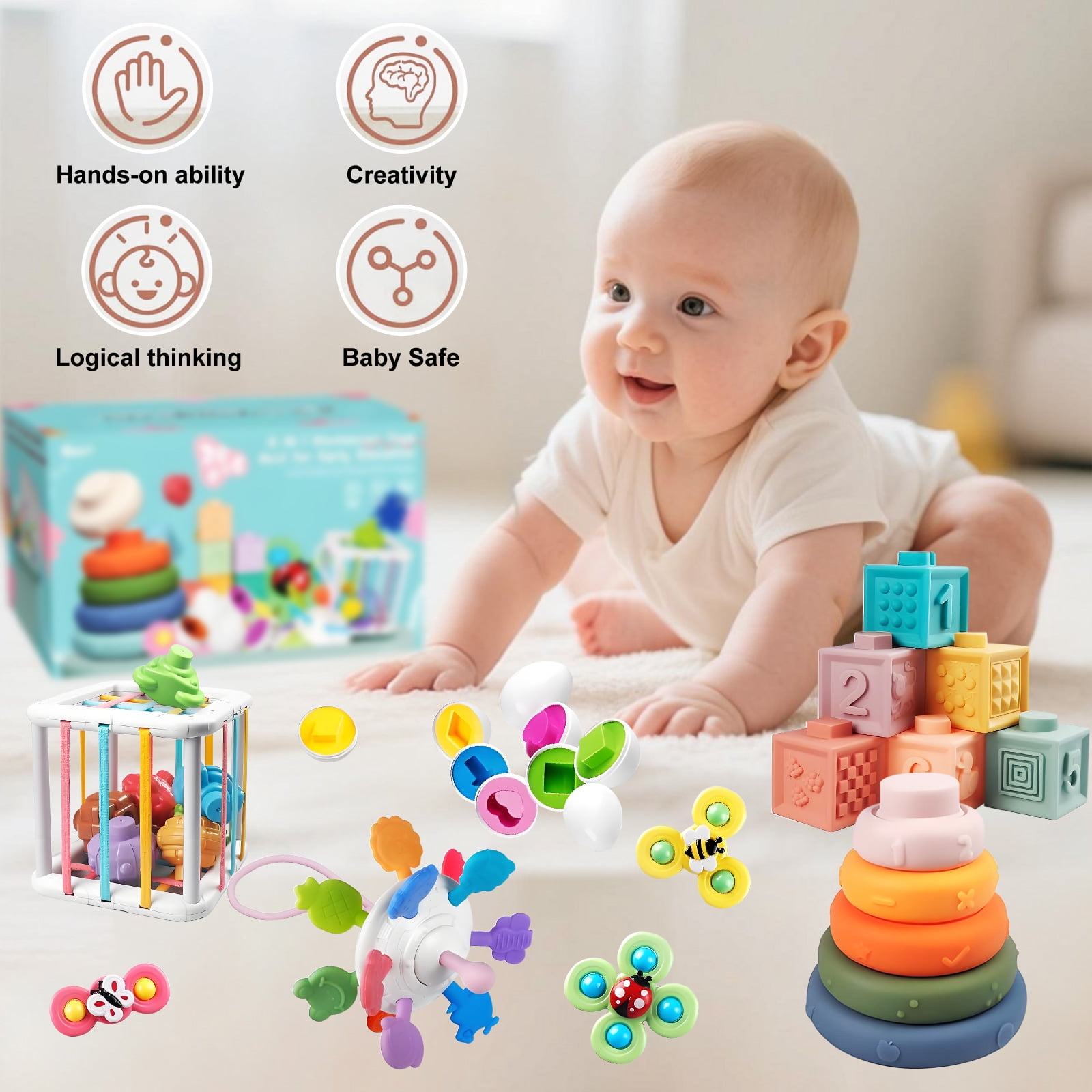 6-in-1 Montessori Baby Toys for 6-12 Months, Pull String Teether, Infant Stacking Blocks, Sensory Storage Bin Teething Toy Gifts for 1 2 3 Year Old Boys Girls