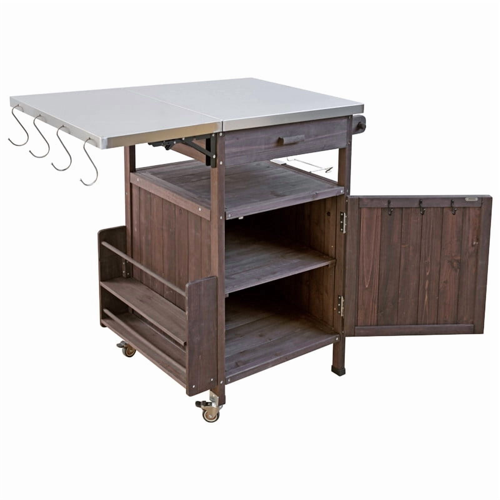 Outdoor Grill Cart with Stainless Steel Top, Wood Kitchen Island Storage Cabinet with Drop Leaf and 1 Drawer, Rolling Kitchen Cart with Lockable Wheels