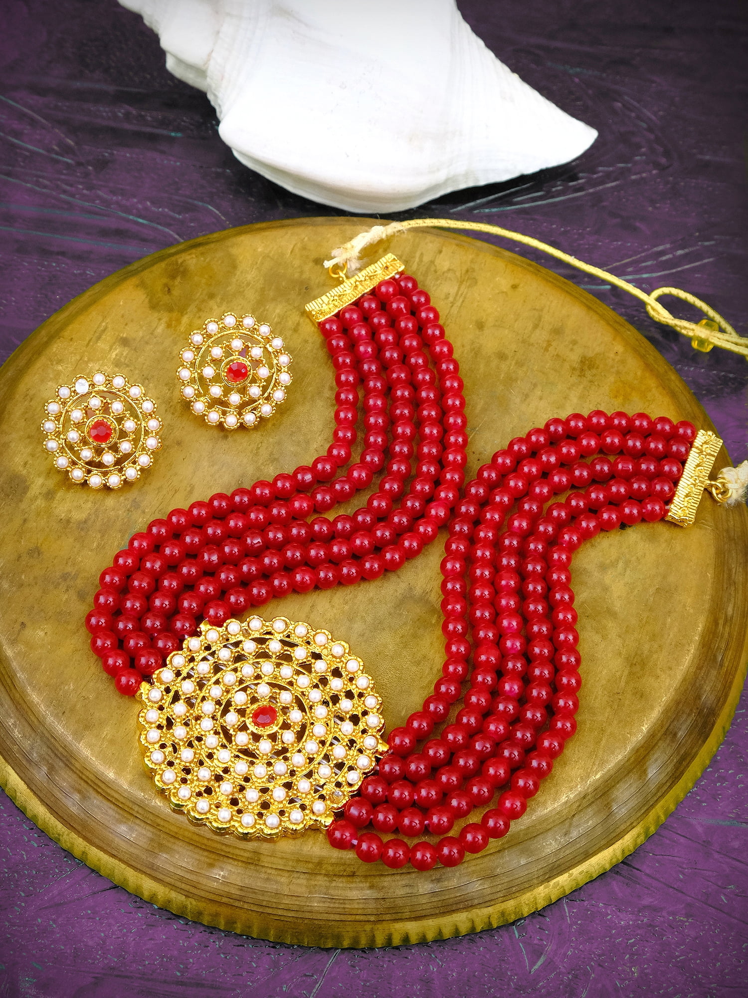 Crunchy Fashion Style Traditional Indian Bridal Bride Wedding Bridesmaid Gold Plated Pearl Diamond Choker Necklace with Earring Jewelry Set for Women Girls