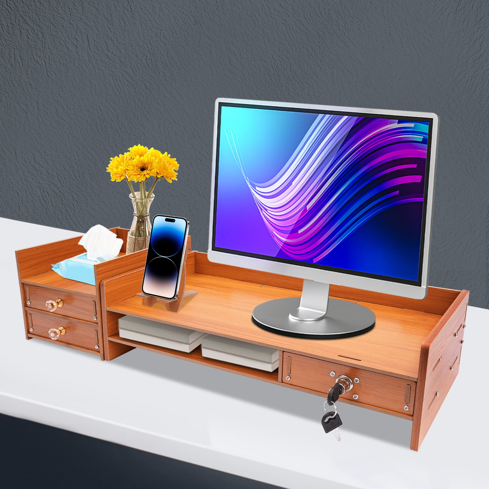 65.5cm 5kg Rectangle Wood Monitor Stand Riser Computer Laptop MDF Computer Monitor Stand for Computer Monitors Files Notebooks