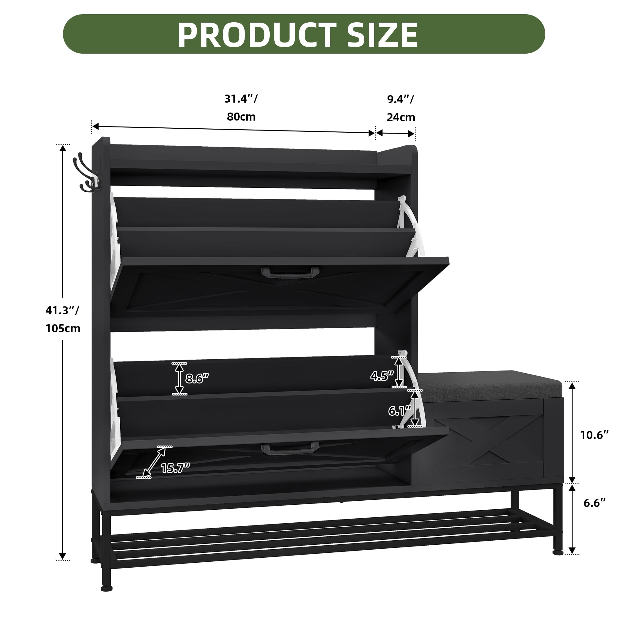 Uforic Farmhouse Narrow Slim Shoe Storage Cabinet with 2 Flip Drawers&Shoe Bench for 16 Pairs for Entryway, Foyer, Black