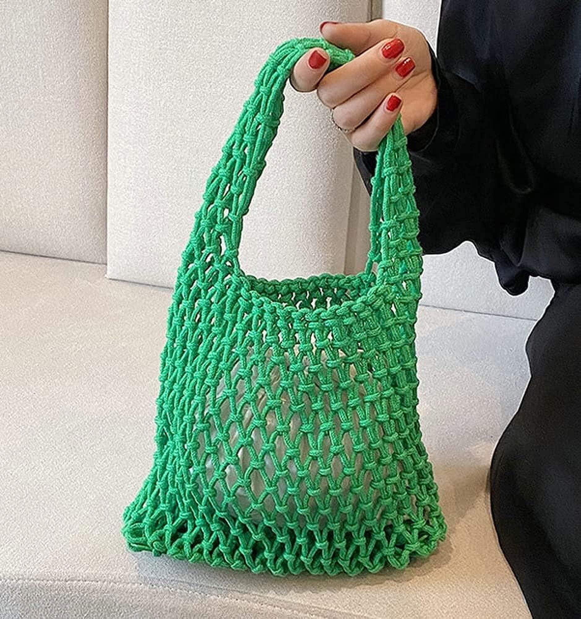 Kukuzhu Women Small Crochet Tote Handbag Cotton Top Handle Bag Summer Mesh Beach Bag Drawstring Fishing Net Bag Clutch Handbag
