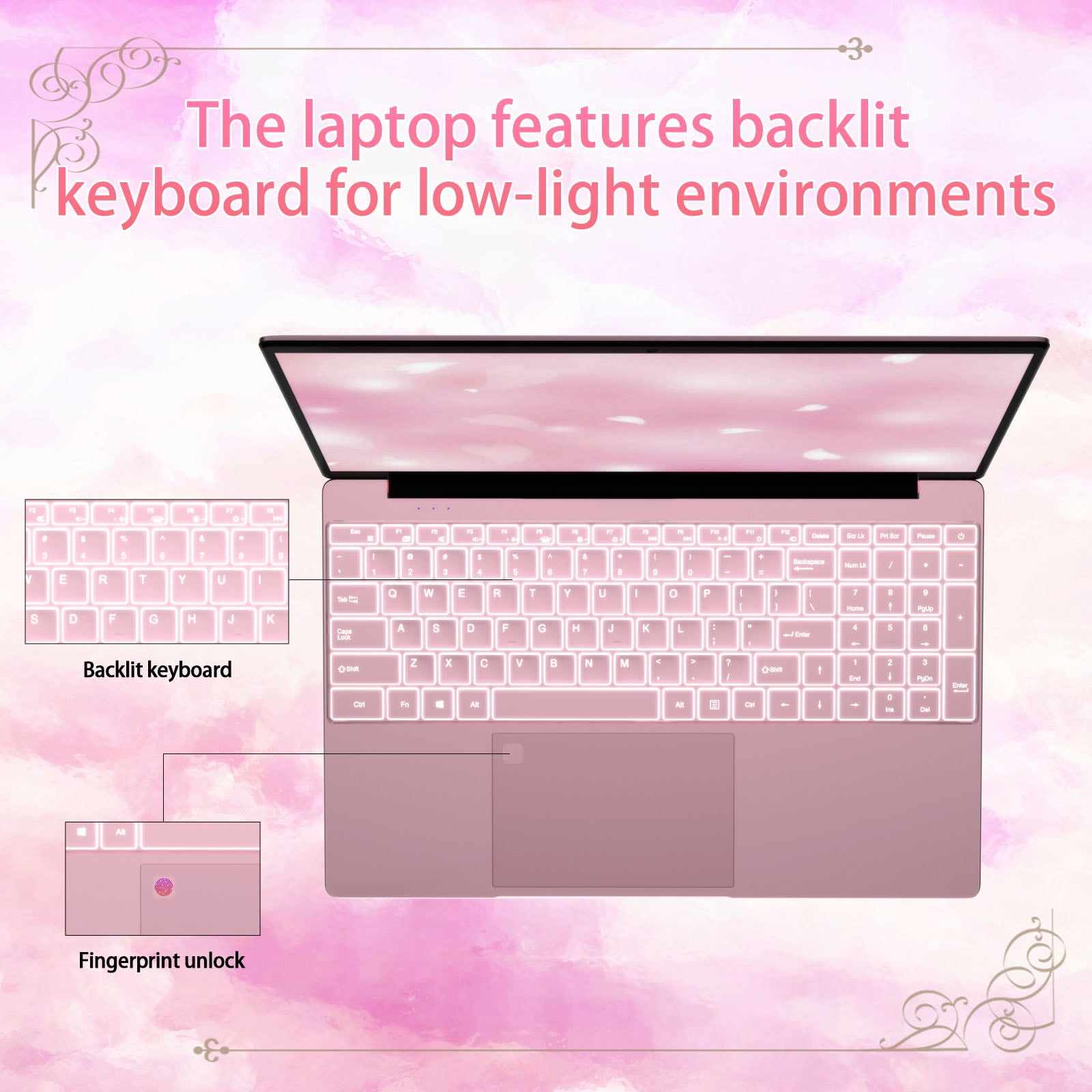 Molegar 15.6" Fhd Business Laptop, Intel Celeron N5100, 8GB RAM, 256GB SSD, Fingerprint Reader, Bluetooth 5.0, Windows 11, Pink