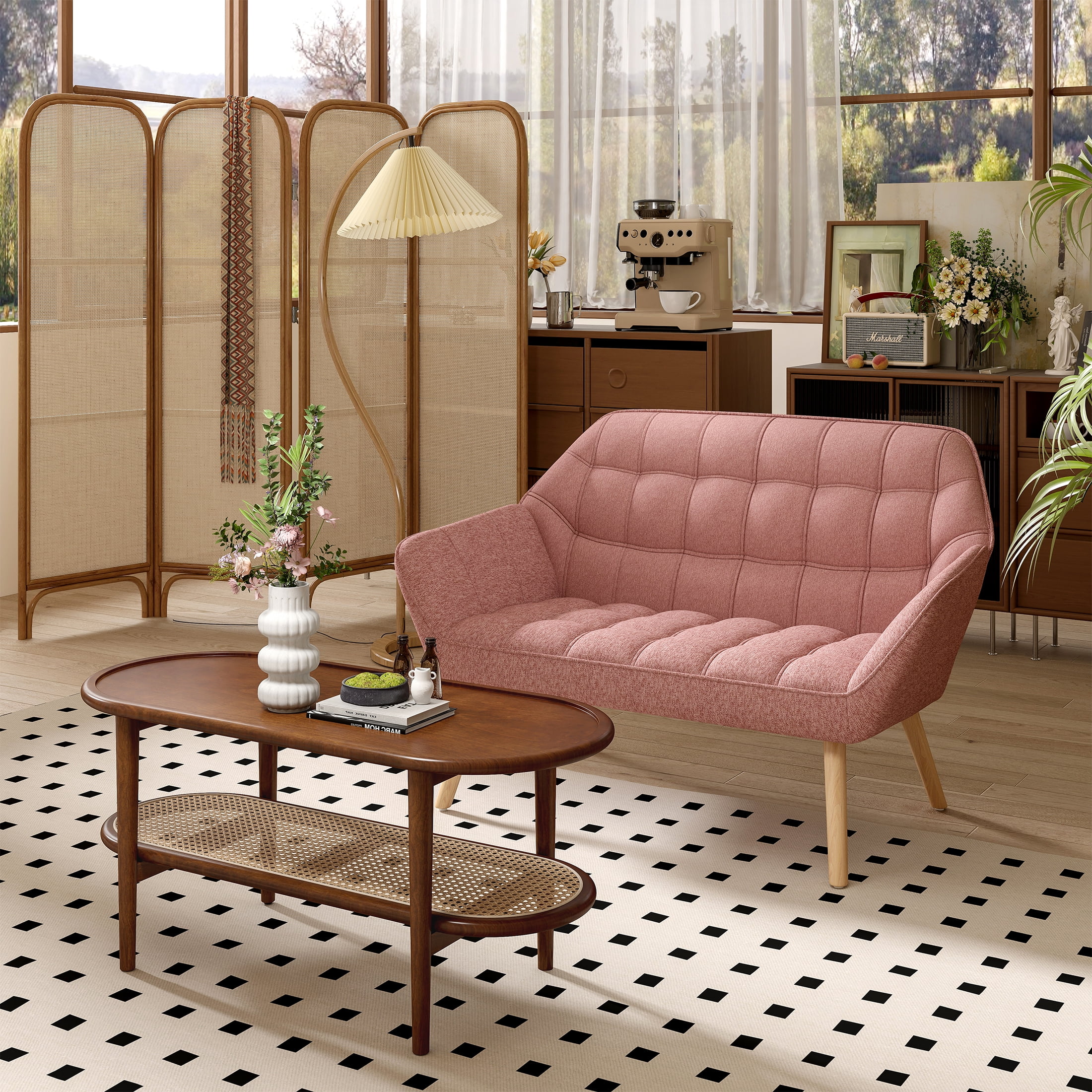 Guyou Small Loveseat Sofa, Modern Linen 2-Seater Mini Sofa Couch with Quilted Back and Armrests, Cute Accent Chair with Wooden Legs for Living Room Bedroom Apartment, Pink