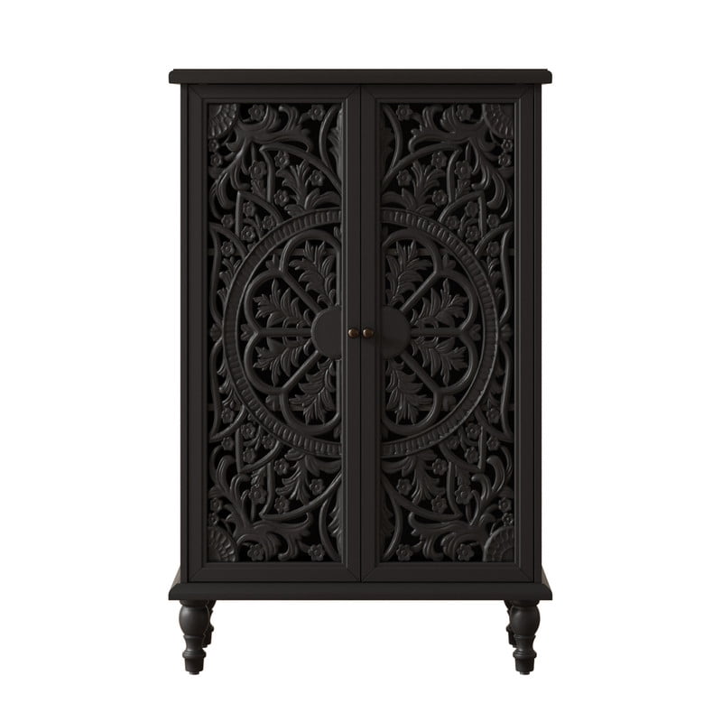 Freestanding Accent Storage Cabinet with Hollowed Out Carved Double Door, Farmhouse Display Buffet Chest with Adjustable Shelf