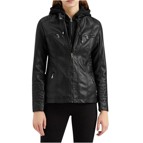 Sokhug Women's Hooded Faux Leather Jacket Moto Biker Coat, Black