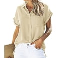thumbnail image 2 of Womens Short Sleeve Cotton Button Down Up Shirt Summer Collared Collared V-Neck Loose Fit Blouse Casual Collared Plain Beach Office with Pockets Lightweight Tops, 2 of 5