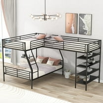 Harper & Bright Designs Metal Triple Bunk Bed, L Shaped Bunk Bed for 3, Heavy-Duty Steel Frame Twin Over Full Bunk Bed and Twin Size Loft Bed with Four Built-in Shelves, Black