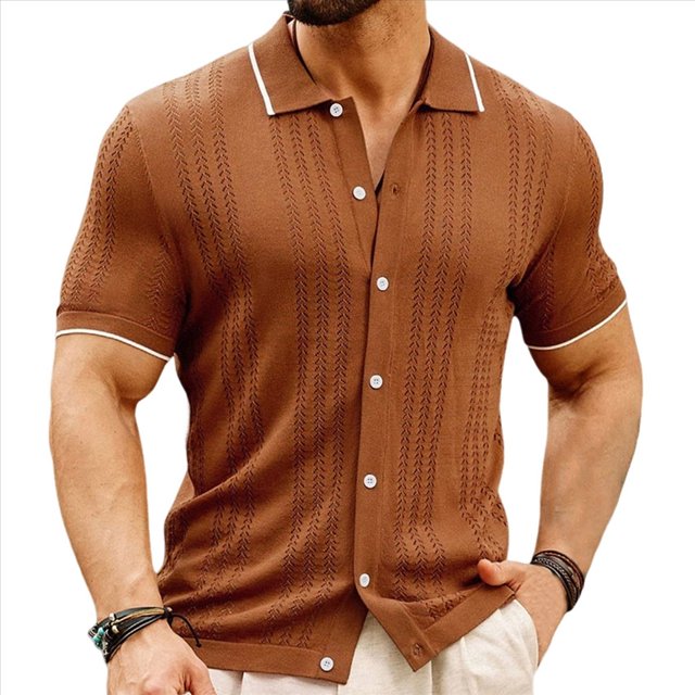Suéter Informal de Verano para Hombre, con Botones Finos, Estilo Ejecutivo, Estilo Retro, de Corta, para Playa Marrón XXL
