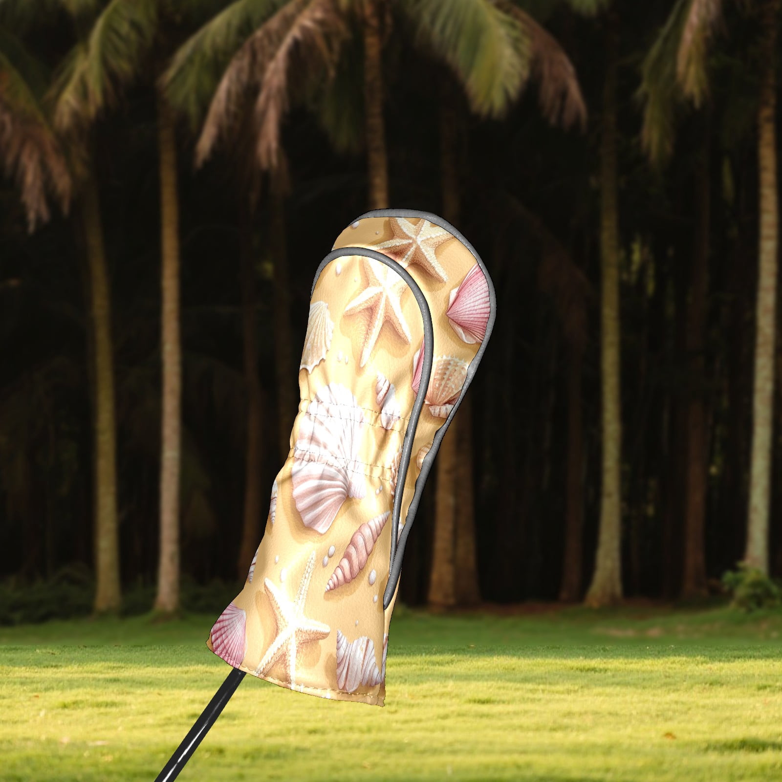Golf Head Covers Nautical Shell & Starfish Pattern for Driver, Wood & Hybrid, Premium Waterproof PU Leather with Plush Lining, Unique Golf Gifts