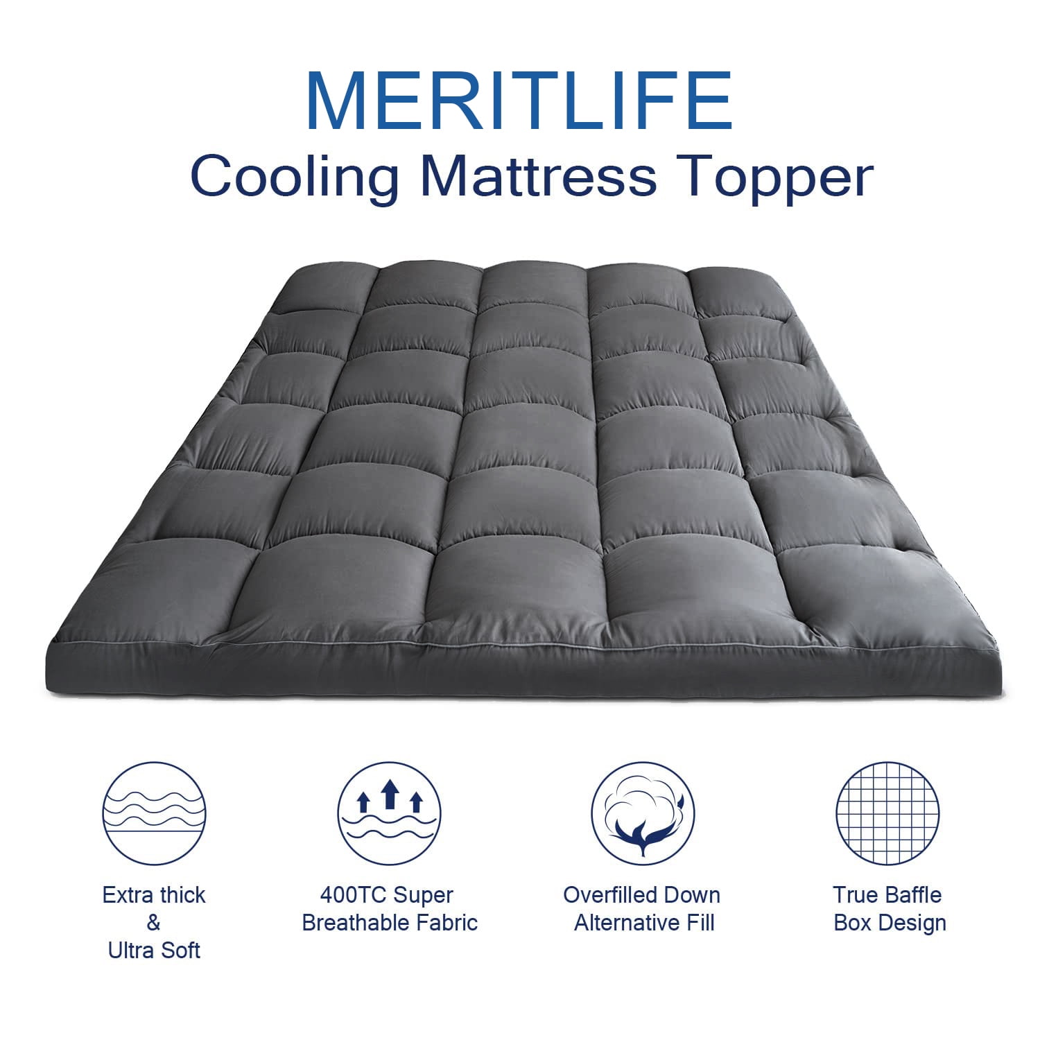 MERITLIFE Full Extra Thick Mattress Topper, 400TC Cotton Pillow Top Protector with 8-21" Deep Pocket 5D Spiral Fiber Padding for Back Pain, Cooling Plush Mattress Pad Cover, Grey