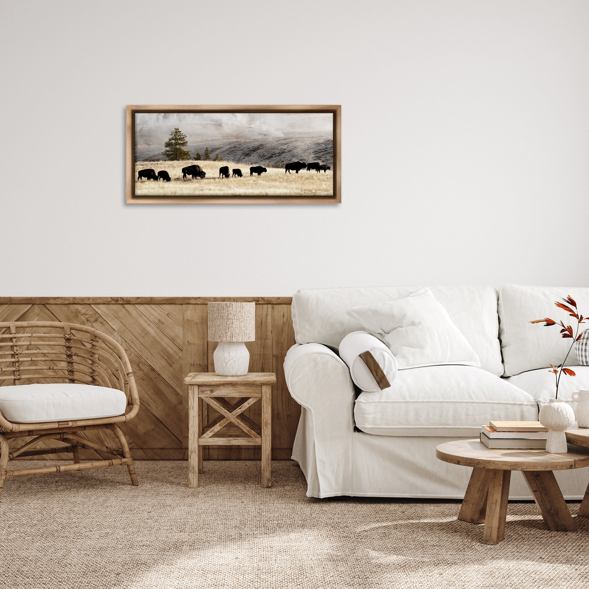 Stupell Industries Grazing Bison Foggy Countryside Animals & Insects Photography Brown Floater Framed Canvas Art Print Wall Art, 31 x 14