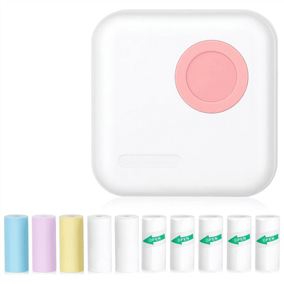 Mini Sticker Printer Bluetooth Thermal Printer with 10 Rolls and Stickers for Picture, Receipt, Notes, Pink