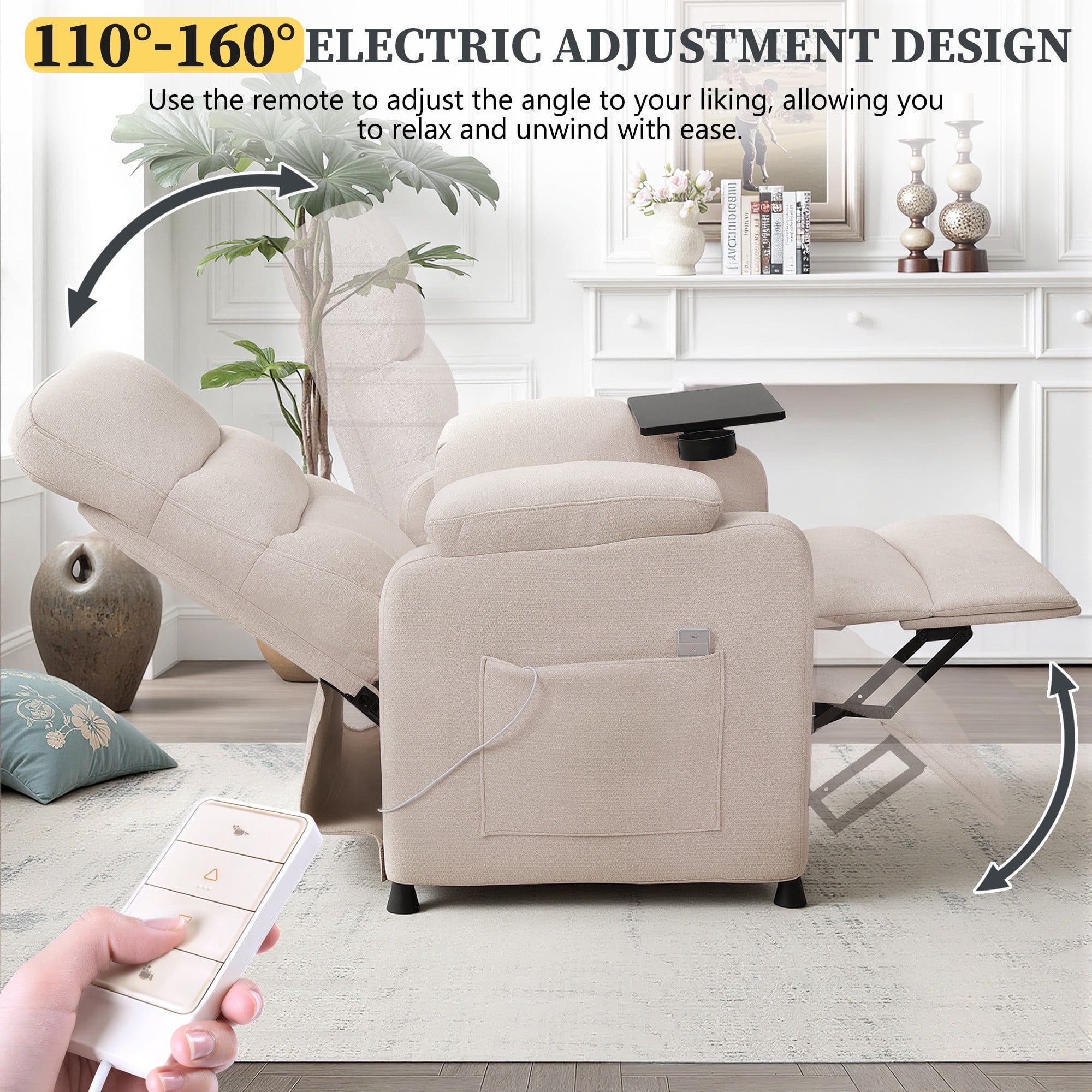 Holaki Power Recliner Chair, Modern Chenille Recliner Chair Swivel Table Top & Built in Cup, Adjustable Home Theater Seating with Lumbar Support, Small Nursery Recliner for Living Room, Beige