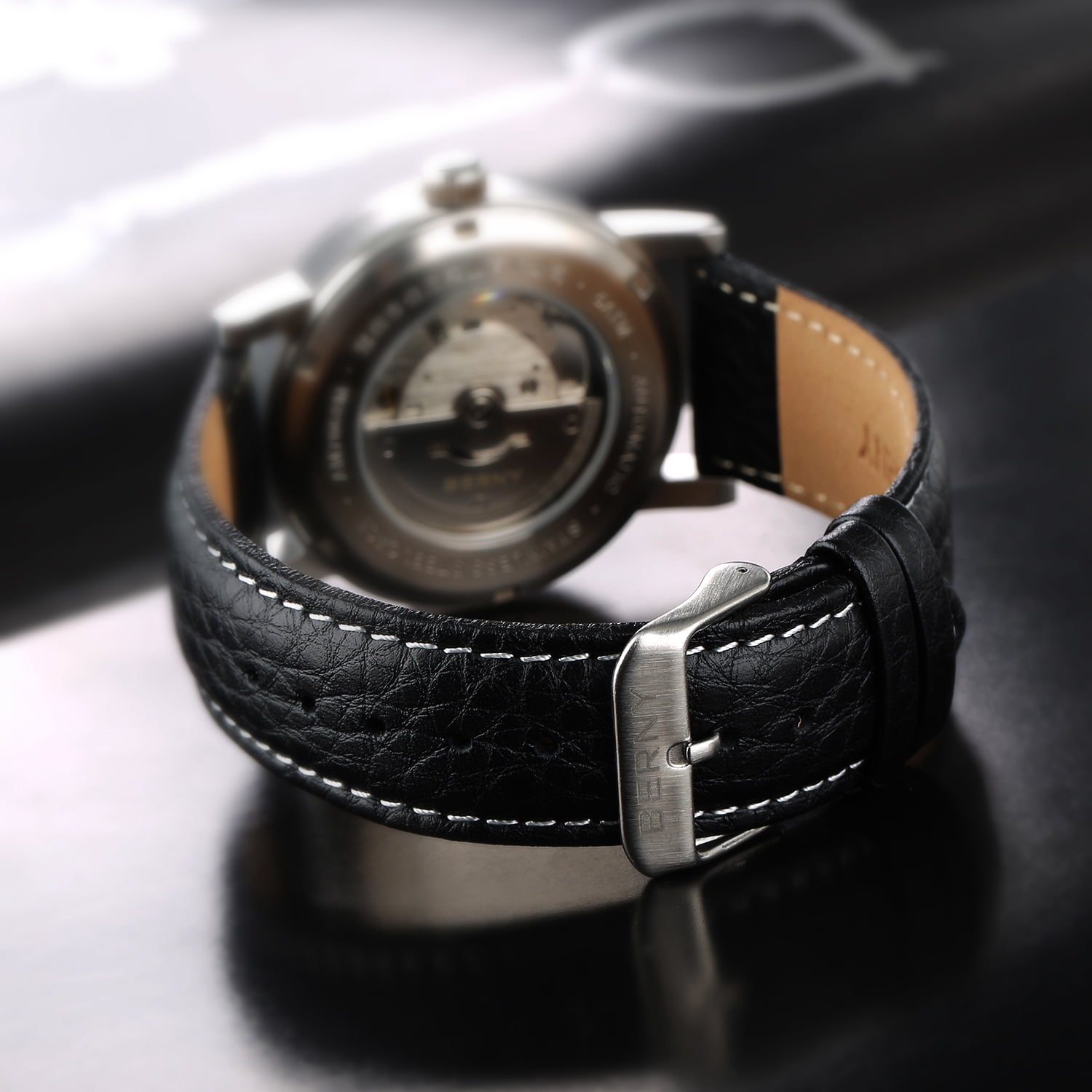 BERNY Automatic Watch for Men, Classic Mechanical Wristwatch with Genuine Leather Strap, Date Calendar, 5ATM Waterproof Super Luminous, Red Seconds Hand (Black)