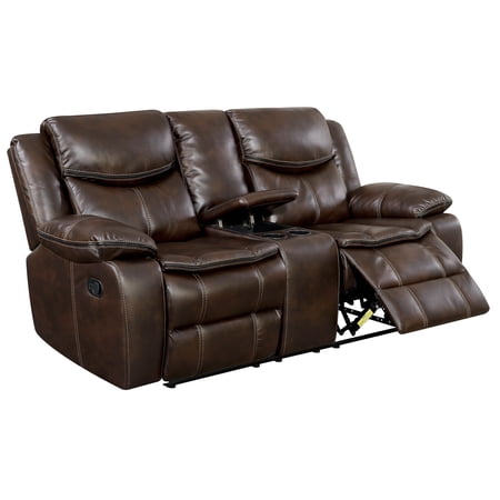 Furniture of America Calvin Faux Leather Brown Reclining Loveseat with Center Console