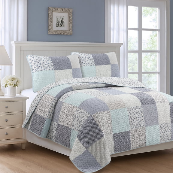 Cozy Line Subtle Blue Checker Cottage Floral Stripe Cotton 3 Piece Patchwork Quilt Bedding Set