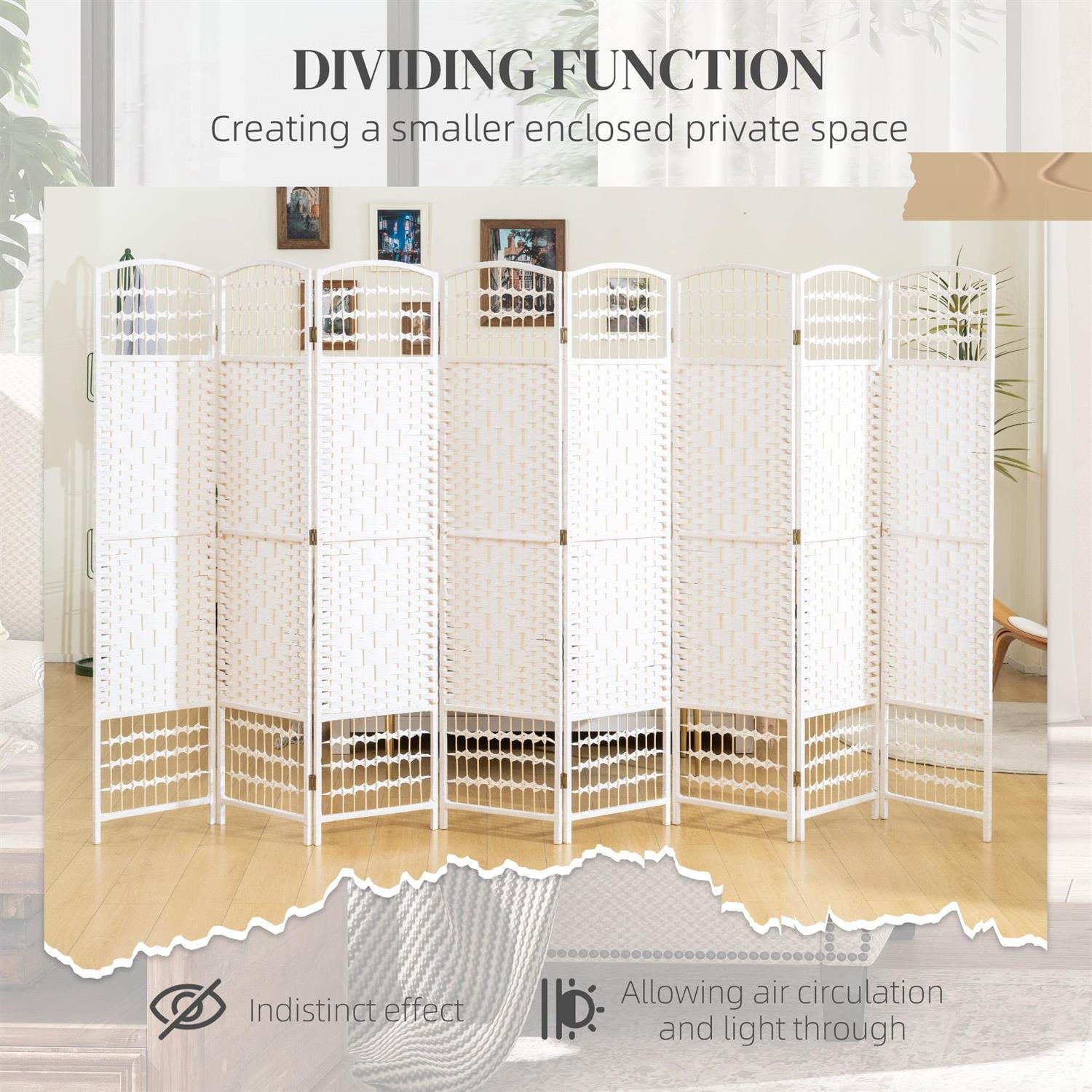 Demi Bonn 8-Panel Foldable Room Divider Screen Privacy Panel Wave Fiber Design, 67" Portable Partition for Home Office Space, White