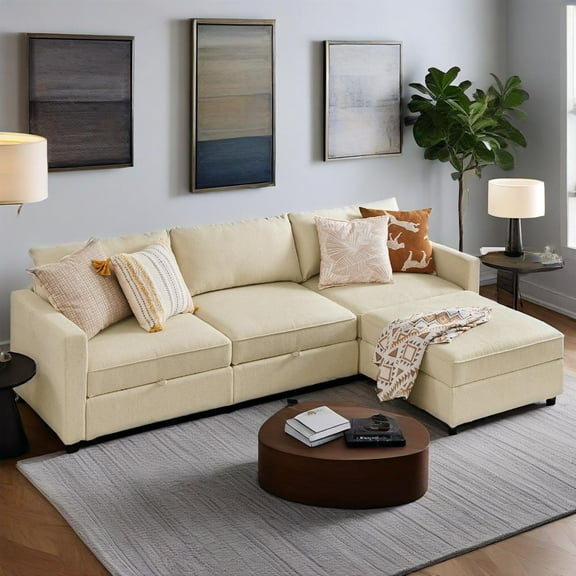 GIANNA Modern Sectional Sofa with 4 Seats 5 Backs, L-Shaped Sofa Set with Storage for Living Room, Beige