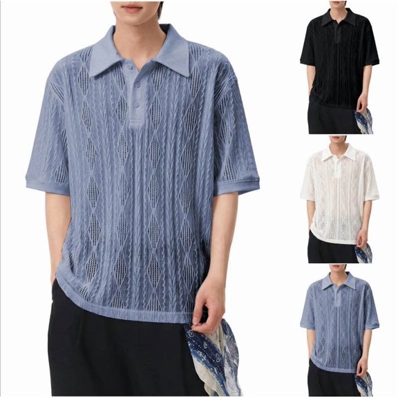 IhhxPro Men's Knit Oversized Collared Shirt Breathable Mesh Short Sleeve Moisture-Wicking Casual Tee Summer Relaxed Fit Lightweight Golf Vacation M-3XL