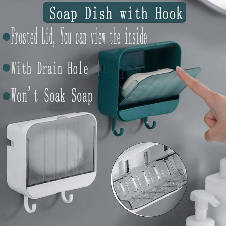  Bar Soap Holder for Shower Wall with 2 Hooks, Waterproof Soap  Dish for Wall Mounted, Bar Soap Holder for Bathroom Kitchen, Adhesive Soap  Holder with Lid to Keep Soap Bars Dry