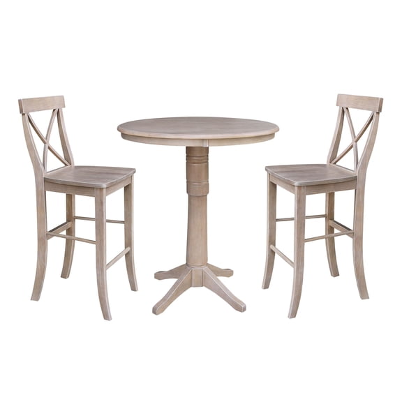 Wood 36" Round Bar Table and 2 X-back Stools in Washed Gray Taupe - Set of 3