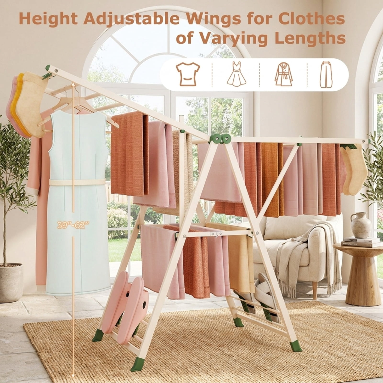 Vebreda Foldable Clothes Drying Rack, 64 Inches Clothes Drying Rack with Height Adjustable Wings, Spacious 2-Tier Drying Space