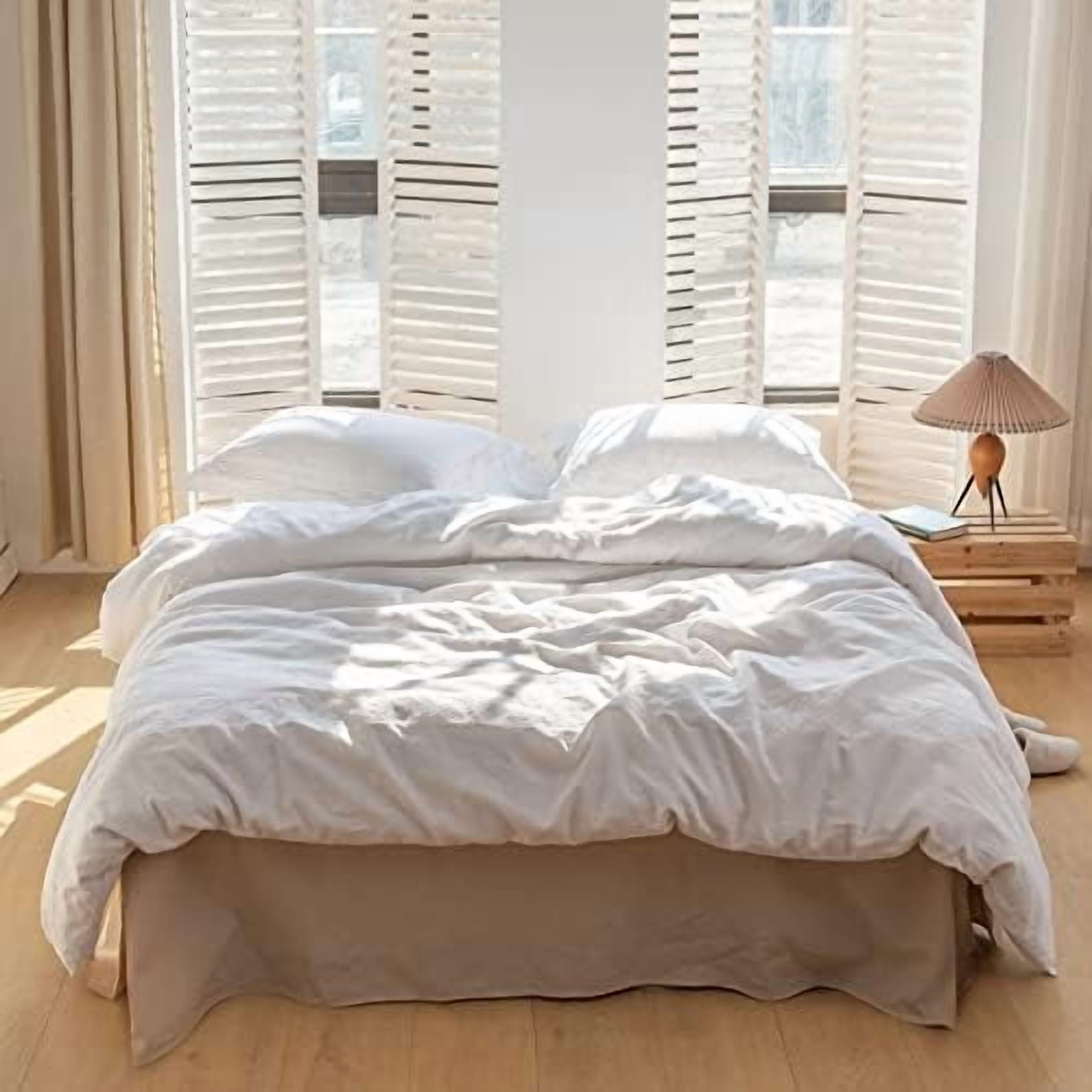 French Linen Bed Skirt with Pleated Corner 18-Inch Tailored Drop Natural Flax Cotton Blend Basic Dust Ruffle Soft Cozy Farmhouse Bedding (18" Queen, Basic Linen)