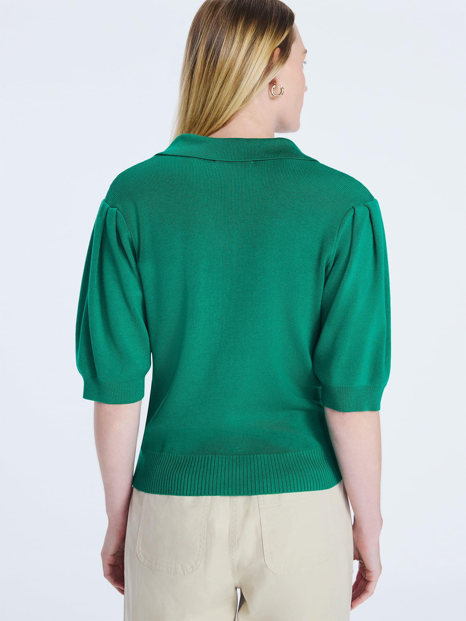 Free Assembly Women's and Women's Plus Collared Sweater Tee with Puff Sleeves, Lightweight, Sizes XS-4X