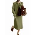 thumbnail image 3 of Women'S Elegant Long Sleeve Lapel Knitted Fall Winter Over-The-Knee Sweater Dress with Zipper Olive Color One size, 3 of 7