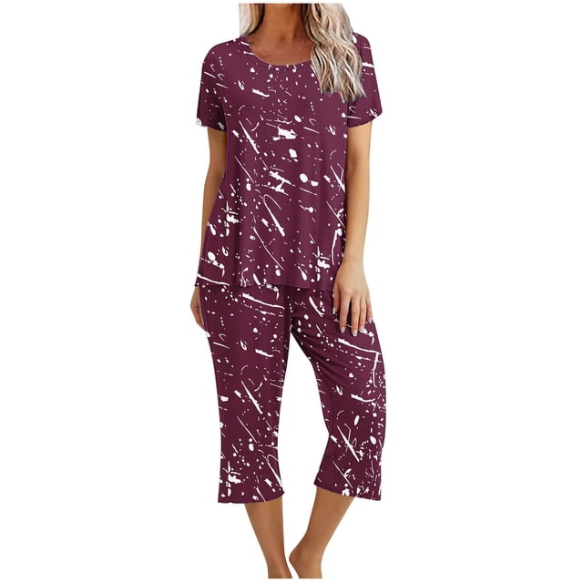 Pijamas de Verano para Mujeres, Suelto Impreso Manga Corta Superior Y Pantalones Recortados, Cuello Redondo Casual
