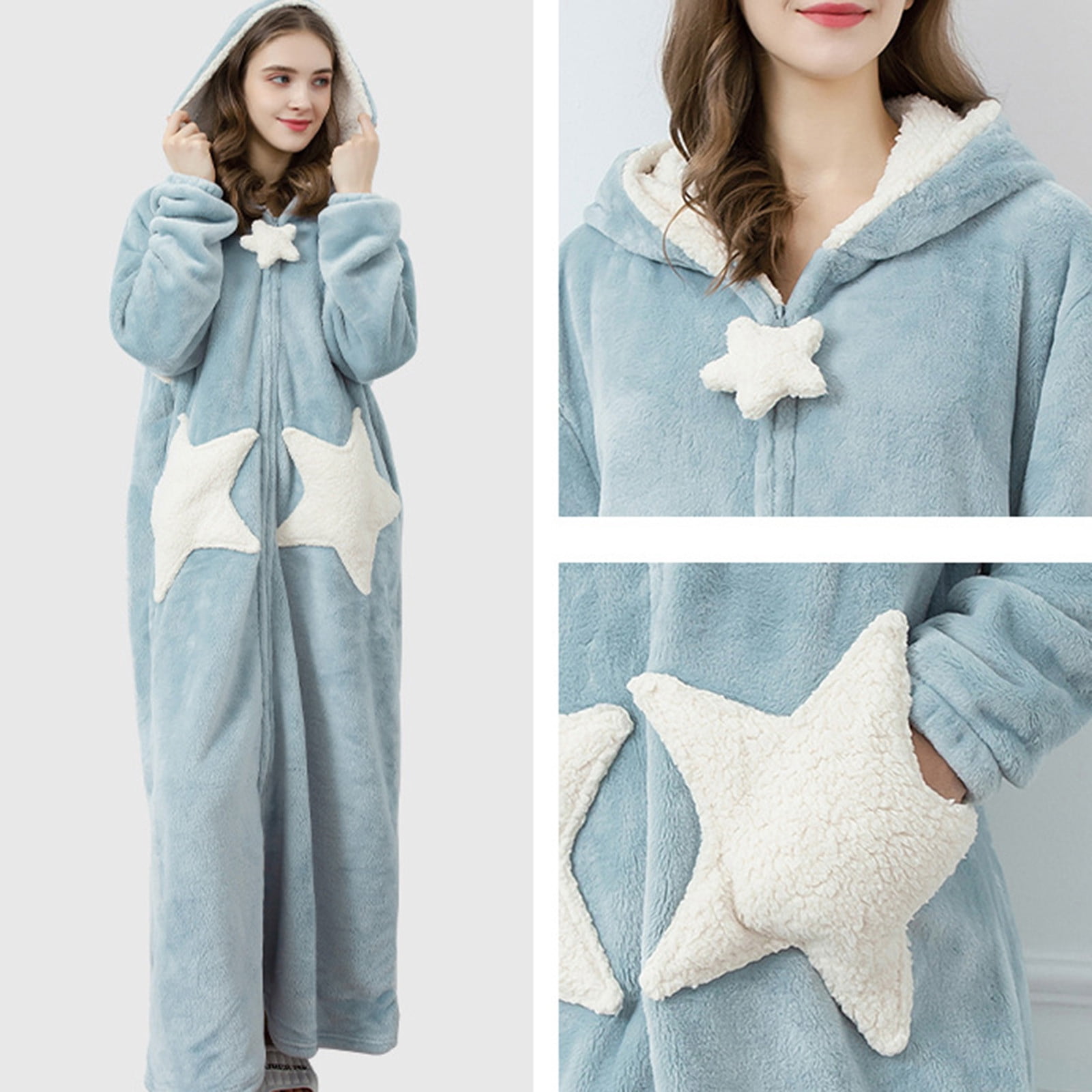 BONIXOOM Christmas Pajamas For Women Matching Christmas Pajamas Sleepwear Belt Long Sleeve Sleep Dress Solid Blue L