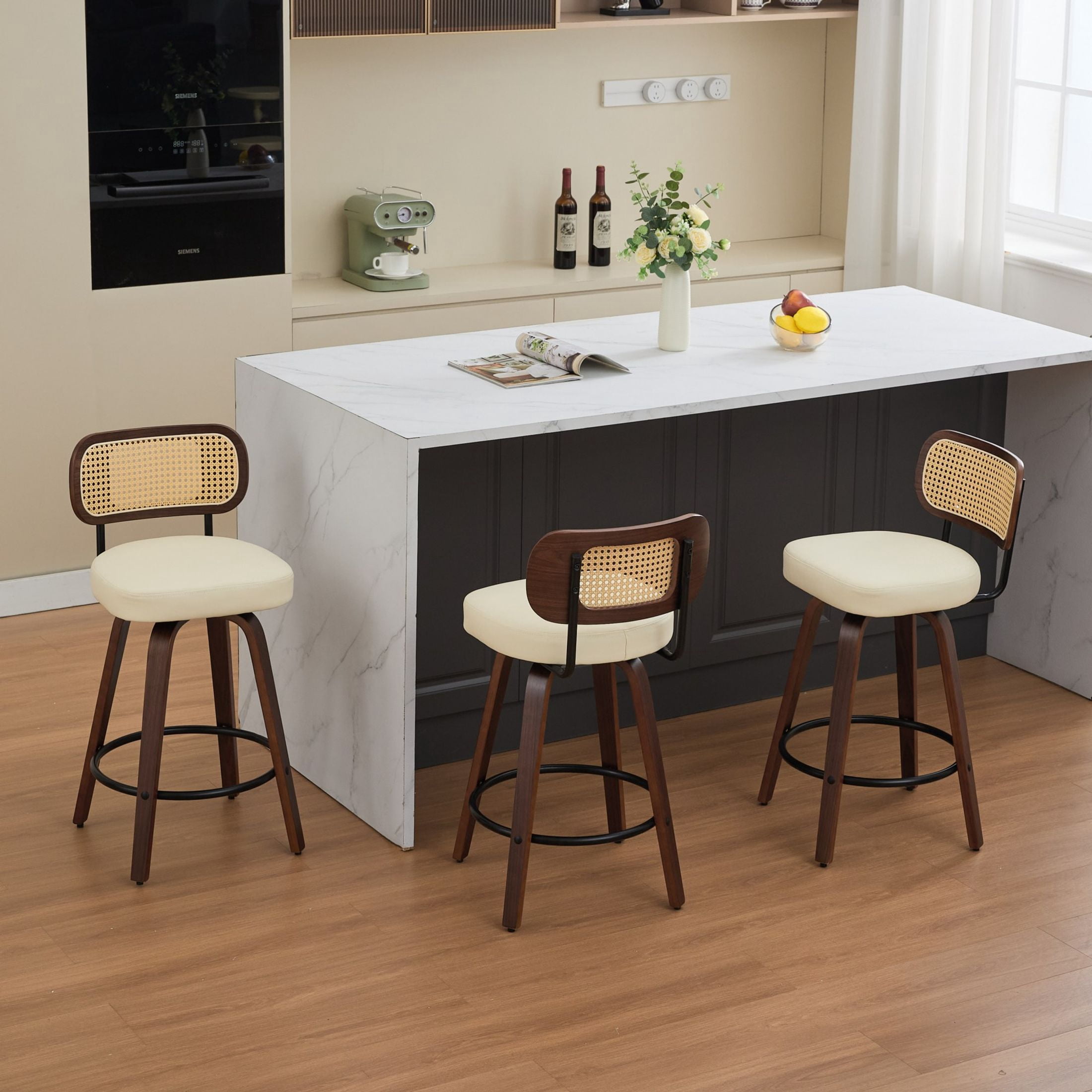Noble House Set of 3 Counter Height Bar Stools, Cane Back, PU Seat, Walnut + Beige