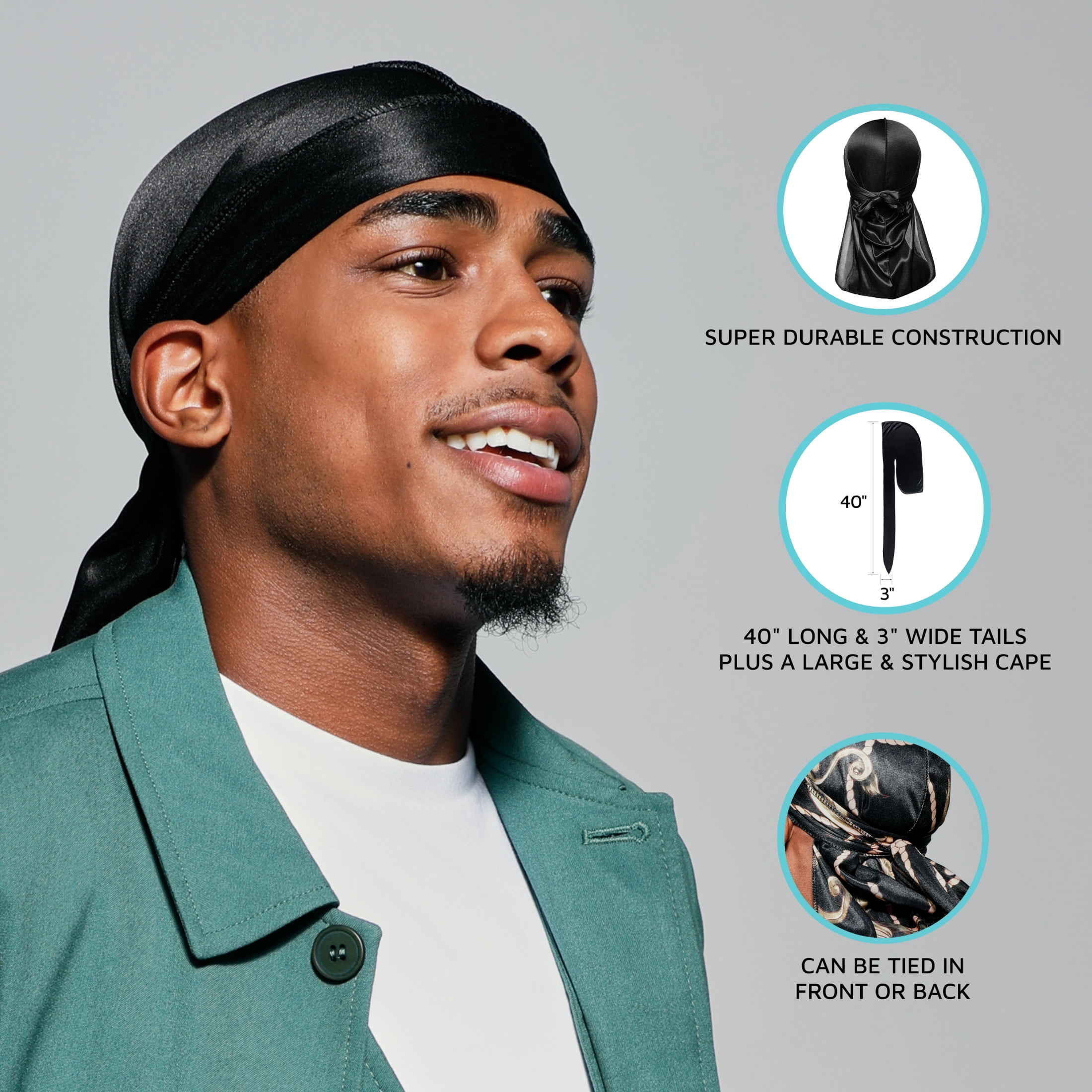 (3 pack) Kiss Colors & Care Power Wave Silky Satin Durag, Solid Black