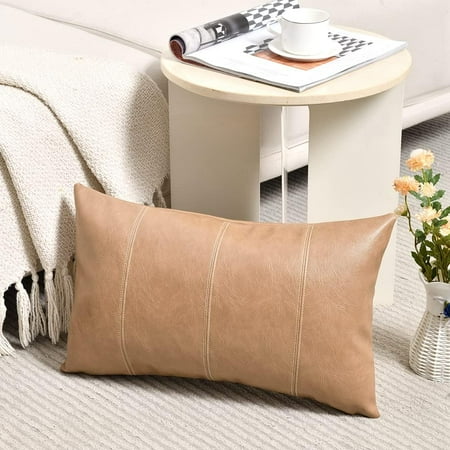 

Fancy Homi Tan Long Lumbar Faux Leather Decorative Throw Pillow Covers 16x16 Inch for Living Room Couch Bed Beige Hand Stitched Cushion Case 16x16 Taupe Modern Farmhouse Home Decor