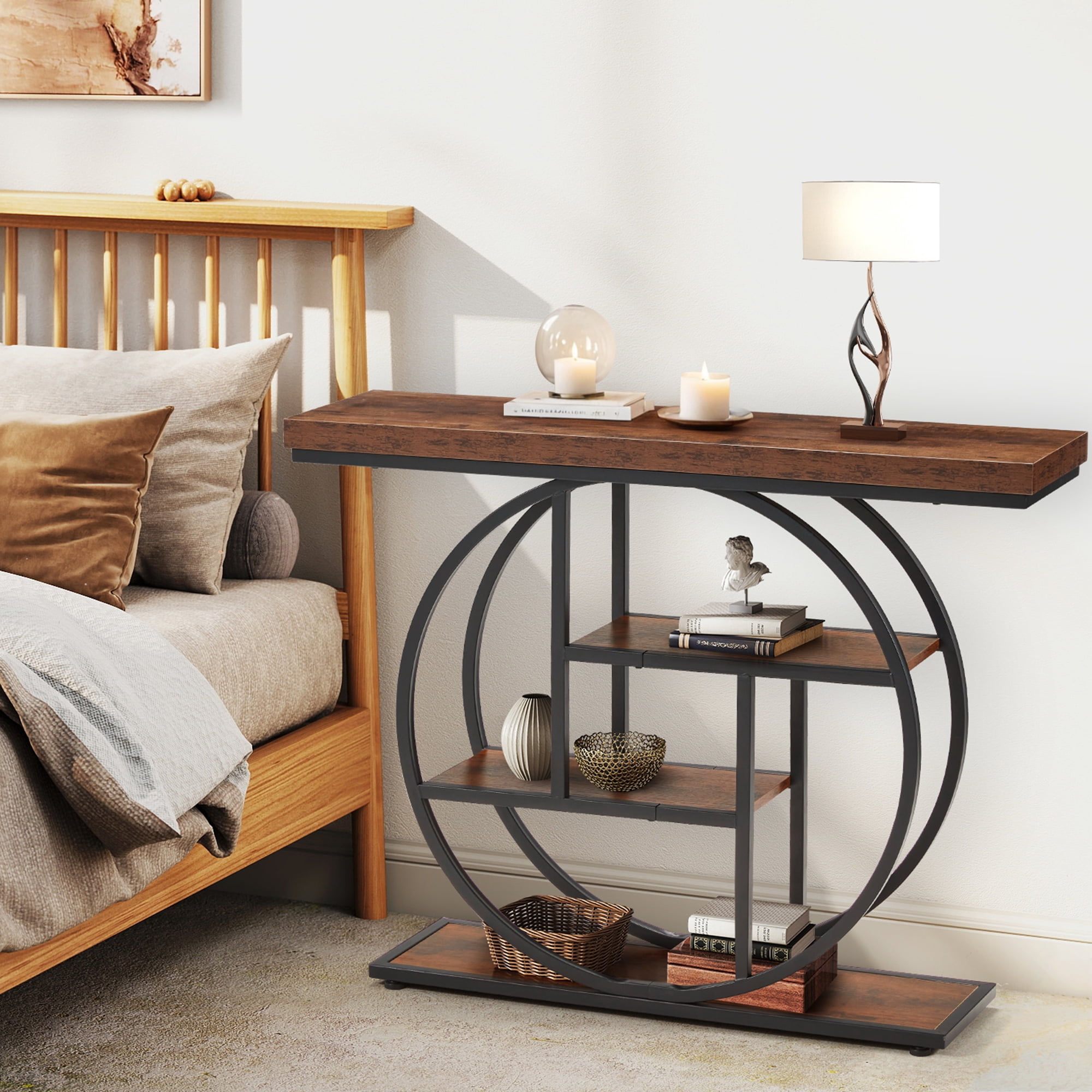 Erinnyees 4 Tier Console Table, 41.3" Entryway Table, Rustic Style Sofa Table, with Storage Shelves, Adjustable Foot Pad, for Hallway, Rustic Brown