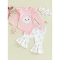 thumbnail image 2 of Suealasg Baby Girls Easter Outfits 3M 6M 12M 18M Infant Girls Long Sleeves Bunny Embroidery Romper +Dot Print Flared Pants +Headband Set Newborn Girls Spring Clothes, 2 of 9