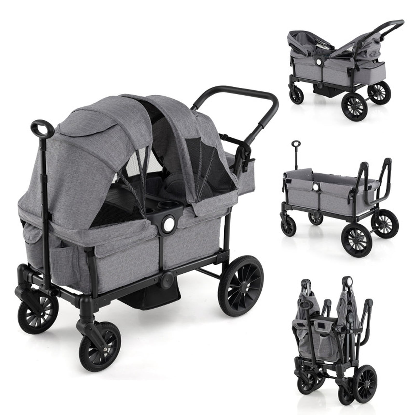 Redsmile 2 Seater Kids Wagon Stroller, Push Pull Collapsible Baby Stroller Wagon for Boys Girls, Foldable Stroller with Adjustable Handlebars, Canopy, Cup Holder, ASTM Certified, Gray