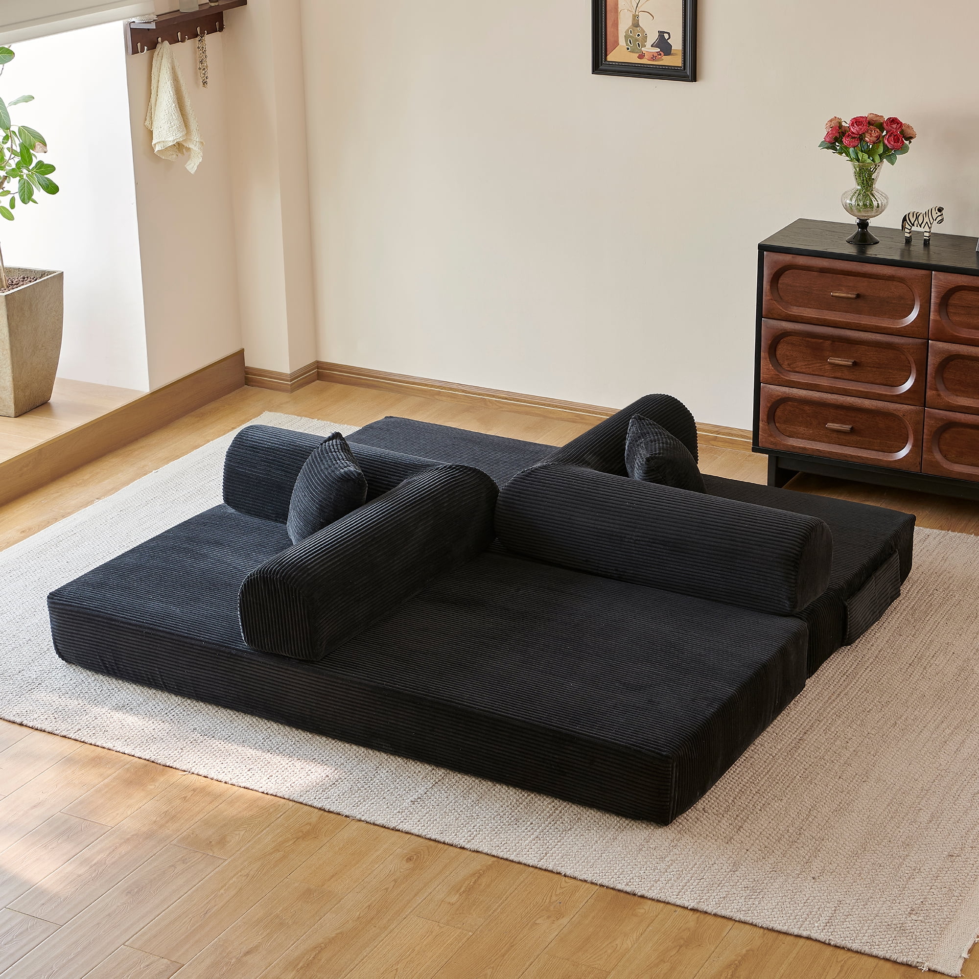 Howcool 79" Boneless Sleeper Sofa Bed, 2-in-1 Pull Out Convertible Loveseat Couch with 2 Throw Pillows, Corduroy Futon Floor Sofa for Living Room, No Assembly Required, Black
