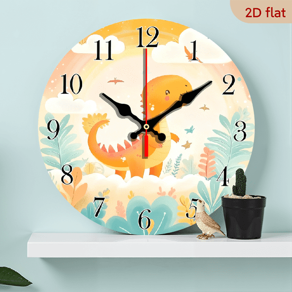 2D Flat 1pc 10Inch Wooden 1pc Wooden Silent Wall Clock - Retro Country Style with Cute Dinosaur, Leaves and Clouds, Suitable for Living Room, Office, Bedroom Decor, AA Battery