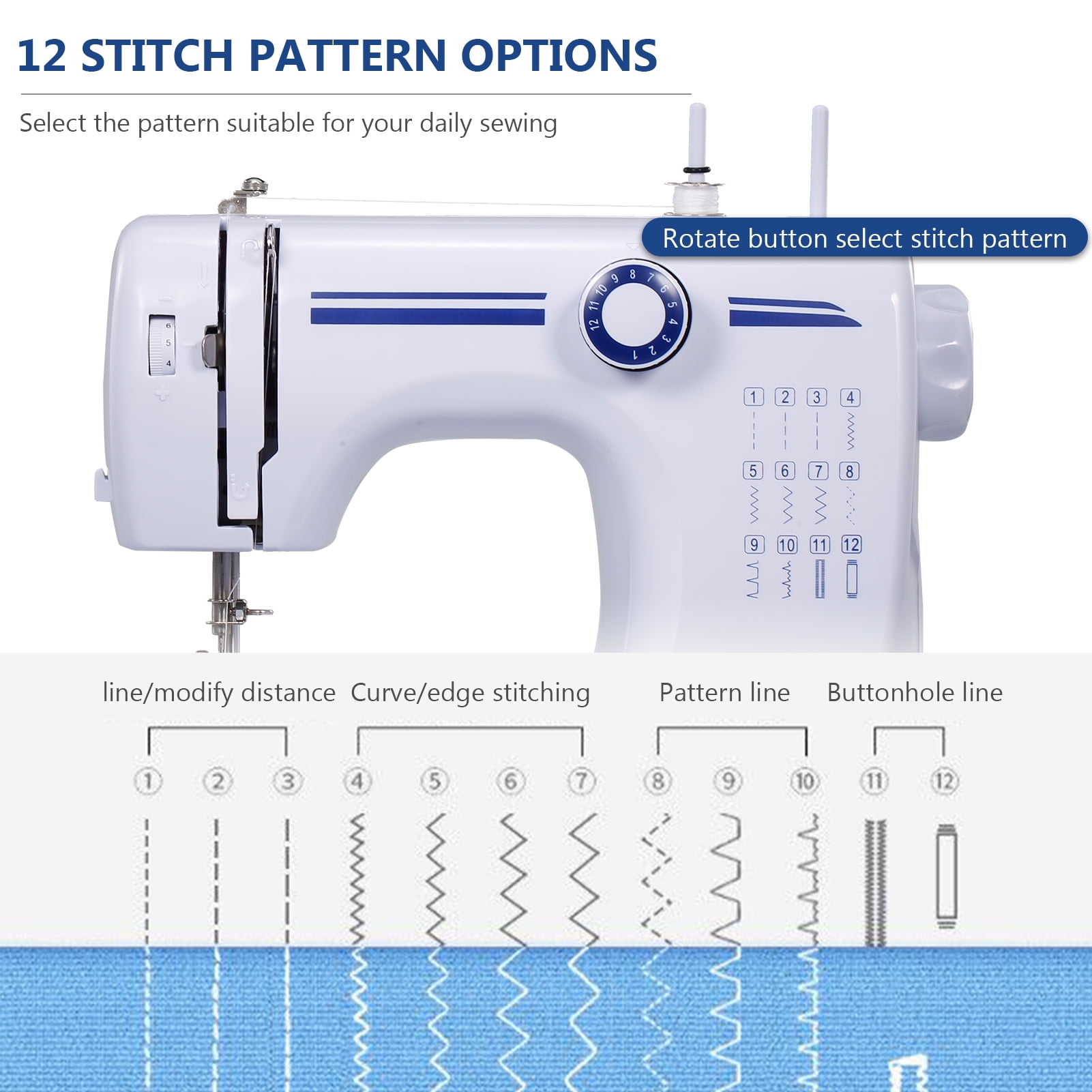 Tomfoto  Electric Sewing Machine Household Built-in Stitches Free Arm 12 Stitches Penetrate 8 Layers Desktop Crafting Mending Machine